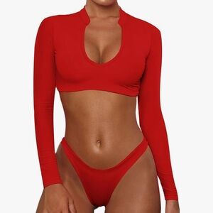 Red long sleeve high waisted bikini set UPF 50
